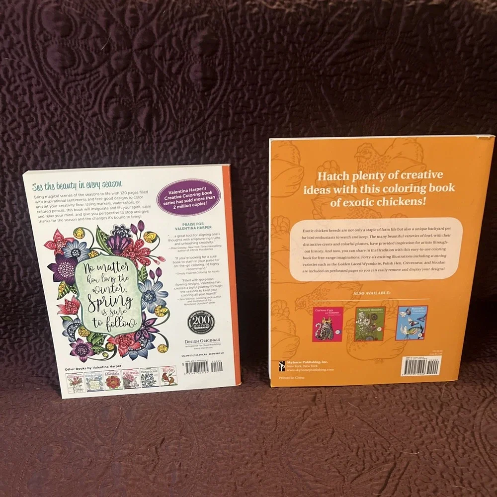Lot Of 2 Adult Coloring Books Creative Coloring Through Season & Exotic Chickens